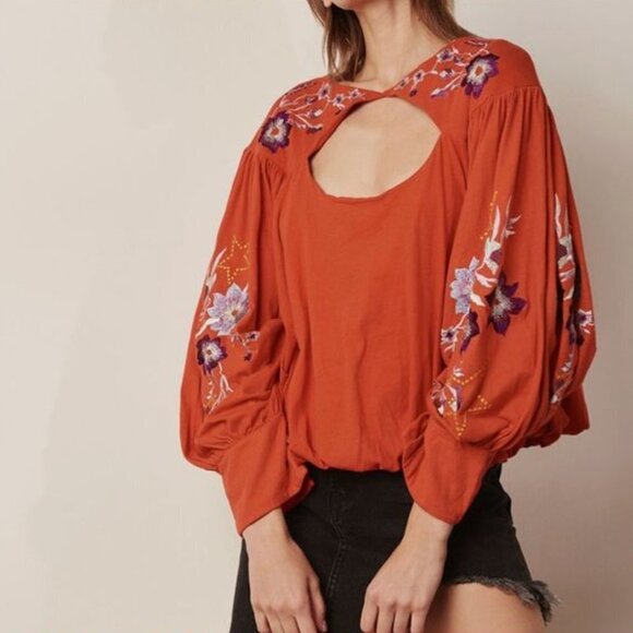 Free People Red Flower Embroider Flowy Long Sleeve Cutout Blouse - Picture 1 of 11